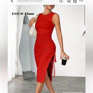 SHEIN Red Ruched Side-Tie Midi Dress Skirt